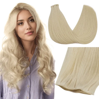Full Shine virgin hair genius weft extensions, salon-ready with a natural bright look and seamless blending effect.