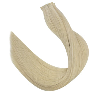 Full Shine genius weft virgin hair extensions showing a natural brightening effect with smooth and realistic salon finish.