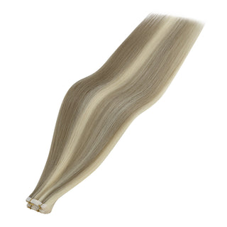Full Shine virgin hair injection tape extensions in ash brown lowlights with blonde highlights, created for seamless salon transformations.