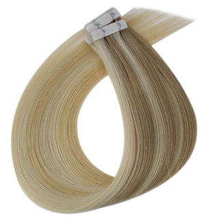 Full Shine virgin hair injection tape extensions in blonde lowlights ombre, designed for seamless installation and salon transformations.