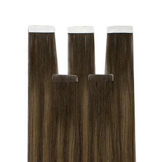 Full Shine virgin hair injection tape extensions in brown balayage, created for seamless installation and salon transformations.