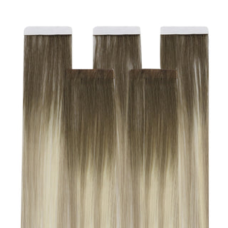 Full Shine virgin hair injection tape extensions in cool brown to blonde color, created for seamless installation and salon transformations.