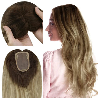 Full Shine virgin hair topper for women in blonde balayage with a medium base mono base for natural blending.
