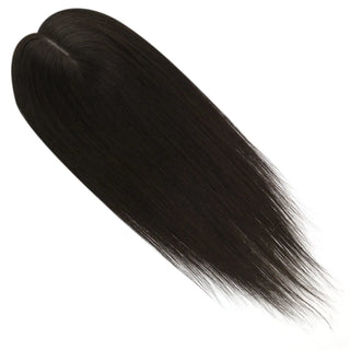 Full Shine black virgin hair topper creating a natural-looking hairstyle with added volume and comfortable coverage.