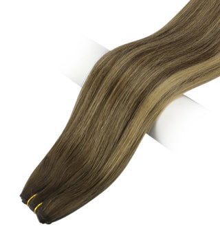 Full Shine balayage brown virgin weft hair extensions, luxury Brazilian human hair for soft, silky and long-lasting salon results.