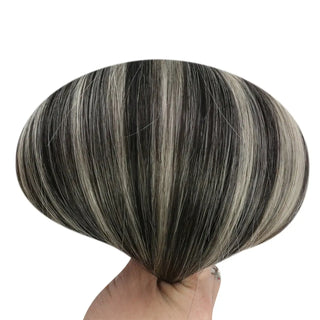 Full Shine black and silver streak virgin weft hair extensions, soft and silky Brazilian human hair for natural blended color results.