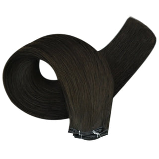 Full Shine genius weft dark brown virgin hair extensions designed for professional salon use and natural finish.