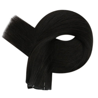 Full Shine genius weft natural black virgin hair extensions designed for professional salon use and natural finish.