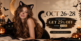 A Black Cat Halloween model with long auburn hair appears in a festive Full Shine Flash Sale banner offering 25% off orders over $200.
