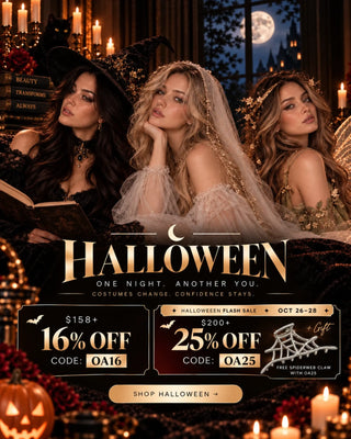 Three Halloween-inspired models showcase long hair looks in a Full Shine flash sale banner featuring 25% off orders over $200 with code OA25 and a free spiderweb claw.