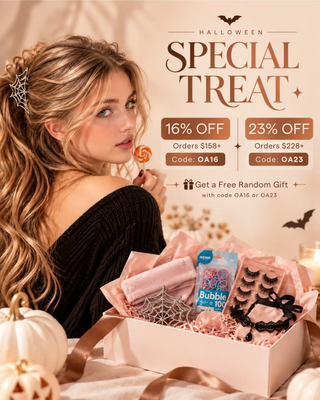 A blonde model with long wavy hair showcases a Halloween look beside a gift box, with Full Shine offering 16% off $158+ using OA16 or 23% off $228+ using OA23, plus a free random gift.