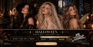 A witch, ghost-inspired model, and fairy appear in a Full Shine Halloween flash sale poster offering 25% off orders over $200 with code OA25 and a free spiderweb claw gift.