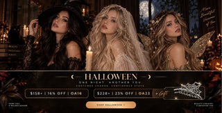 Three women styled as a witch, ghost, and fairy showcase long Halloween hair looks in a cinematic gothic setting.