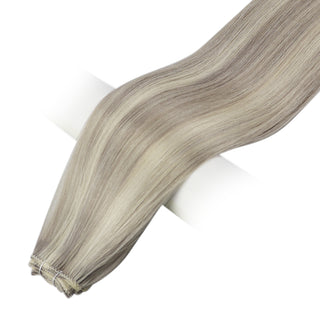 Full Shine honey blonde lowlights virgin weft hair extensions, warm Brazilian human hair for soft natural salon finish.