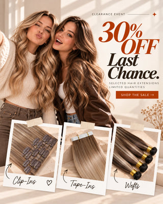 Discover last chance deals on Full Shine human hair extensions with 30% off selected clip-ins, tape-ins, and hair wefts during our clearance event.