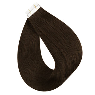 Full Shine medium brown injection tape hair extensions provide natural blending and a comfortable seamless tape in finish.