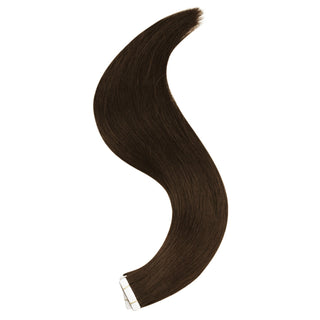 Full Shine medium brown injection tape hair extensions made with virgin hair, providing a smooth finish and natural appearance.