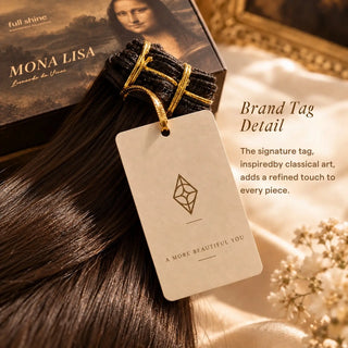 Full Shine hair extensions with a branded product hang tag attached by a gold tie.