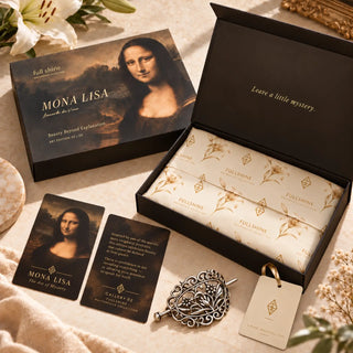Mona Lisa Masterpiece Collection packaging contents including the gift box, collector card, accessory, hang tag and branded wrapping.