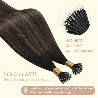 Add length, texture, and dimension to your hair with brown balayage highlights in Nano Ring Hair Extensions, offering a natural, seamless blend with no heat or glue.