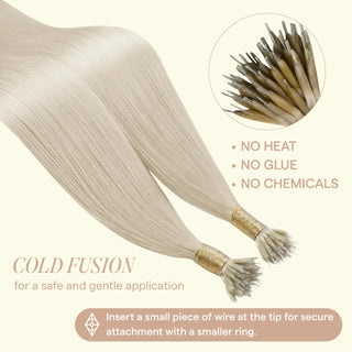 Enhance your hair with bleach blonde Nano Ring Extensions, providing a seamless, highlighted look with a comfortable, invisible fit for all-day wear.
