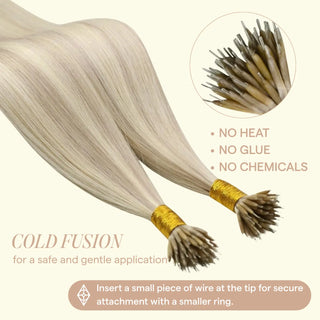 Add depth and texture to your hair with blonde lowlights in Nano Ring Extensions, providing a natural, voluminous look with no heat or glue.