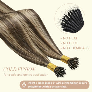 Achieve a natural, seamless blend with brown and blonde highlights in Nano Ring Hair Extensions, providing an easy, no-glue, no-heat application for a gorgeous, highlighted look.