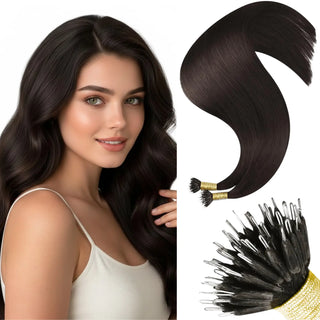 Enhance your hair with dark brown Nano Ring Hair Extensions, crafted from 100% Remy human hair for a natural, seamless blend with your own hair.