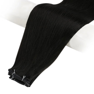 Full Shine natural black genius weft virgin hair extensions for smooth salon result and natural blending effect.