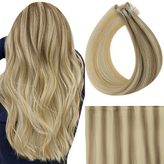Full Shine Balayage Blonde Virgin Hair Hand Tied Weft Hair Extensions 100% Human Hair (#18/22/60)-Virgin Handmade Hair Weft-Full Shine