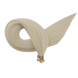Full Shine platinum blonde virgin hair extensions in genius weft structure, made with premium Brazilian virgin hair quality.