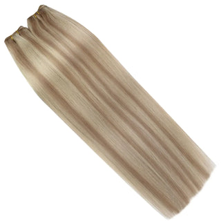 Full Shine platinum blonde lowlights virgin hair weft extensions, high-quality Brazilian human hair for bright dimensional look.