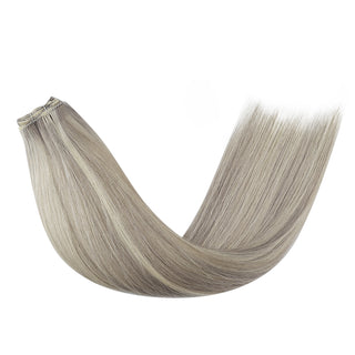 Full Shine platinum blonde lowlights virgin hair weft extensions, high quality Brazilian human hair for bright dimensional look.