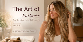 model with voluminous pre bonded hair extensions showing keratin bond strands natural salon transformation thick hair look