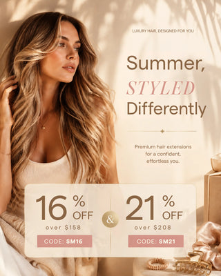 premium salon style hair extensions summer campaign showing silky natural blonde hair with soft light beauty editorial look