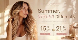 luxury summer hair extensions campaign featuring virgin blonde hair model styled in soft glow editorial beauty aesthetic