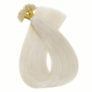 Experience the advanced fusion technology of bleach blonde U Tip Hair Extensions, providing a no-heat, no-glue solution for longer, fuller hair.