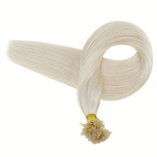 Achieve an invisible, comfortable look with bleach blonde U Tip Hair Extensions, blending naturally with your hair for a flawless finish.