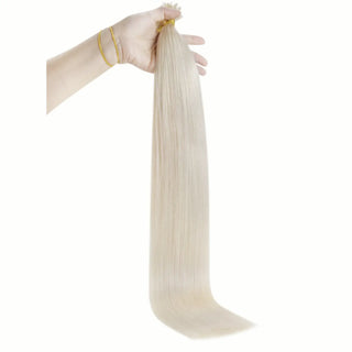 Bleach blonde U Tip Hair Extensions provide seamless attachments, perfect for everyday wear, adding length, volume, and shine without the need for glue or heat.