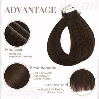 Full Shine medium brown tape in hair extensions with injection technology, made from premium virgin hair for smooth styling.