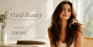 model holding weft hair extensions showing full hair curtain silky long virgin weft luxury salon beauty campaign