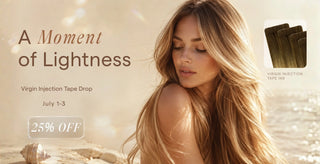 model showing tape in hair extensions seamless blend luxury salon quality virgin hair extension summer campaign light glow