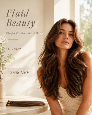 close view of weft hair extensions showing wide hair curtain structure smooth silky virgin hair luxury extension campaign