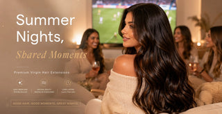 luxury hair extensions styled for world cup game night watch party showing soft glow blonde hair model in elegant summer beauty campaign