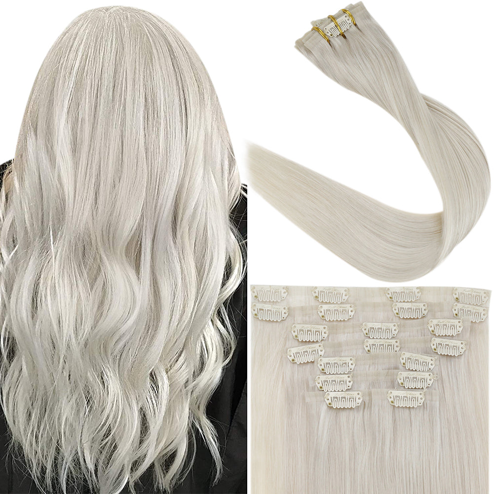 Full Shine 16 inch Real Human Hair Seamless Clip in Hair Extensions with White Blonde (#1000) for Thinning Hair or Short Hair