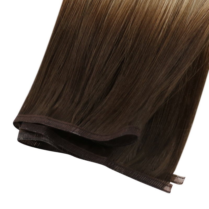 Full Shine Flat Silk Weft Virgin Sew In Human Hair Extensions Balayage(#3/8/22)-Virgin Pu Hair Weft-Full Shine