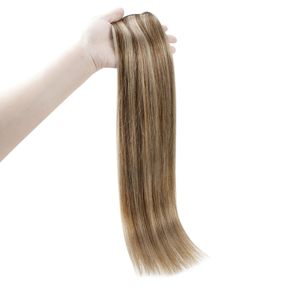 Full Shine honey blonde human hair extensions with creamy beige and soft golden tones for a Honey Latte Blonde inspired look