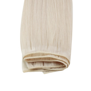 Full Shine 16 inch platinum blonde virgin weft hair extensions made of 100% Brazilian human hair, soft and natural sew-in bundles for salon styling.