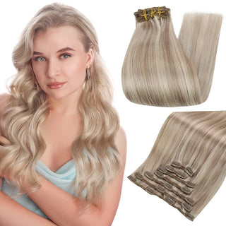Full Shine Clip in Extensions 100% Remy Human Hair 7 Pieces Highlights (#P18/613)-Clip In Extensions-Full Shine