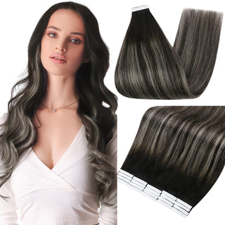 Full Shine Tape in Hair Extensions Remy Human Hair Balayage Highlights (#1B/Silver/1B)